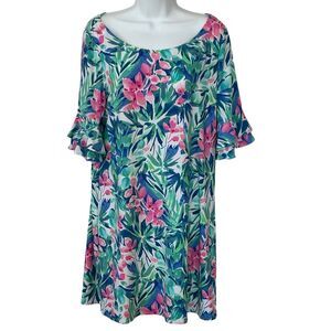 Pappagallo Floral Dress Size L Green Blue Pink Short Bell Sleeves Ruffle